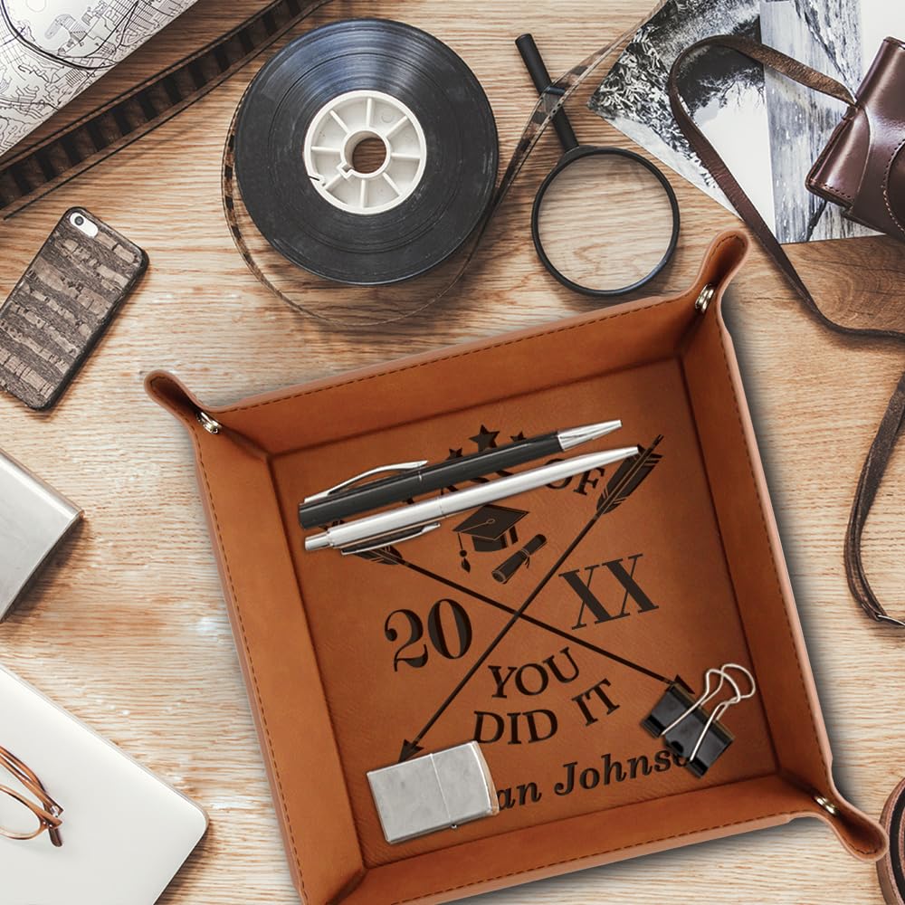 Bella Busta-Personalize Graduation Keepsake for Her, Him, Friends and Family- High School, College,University- Congratulations-Engraved Leather Valet Tray (Rawhide)