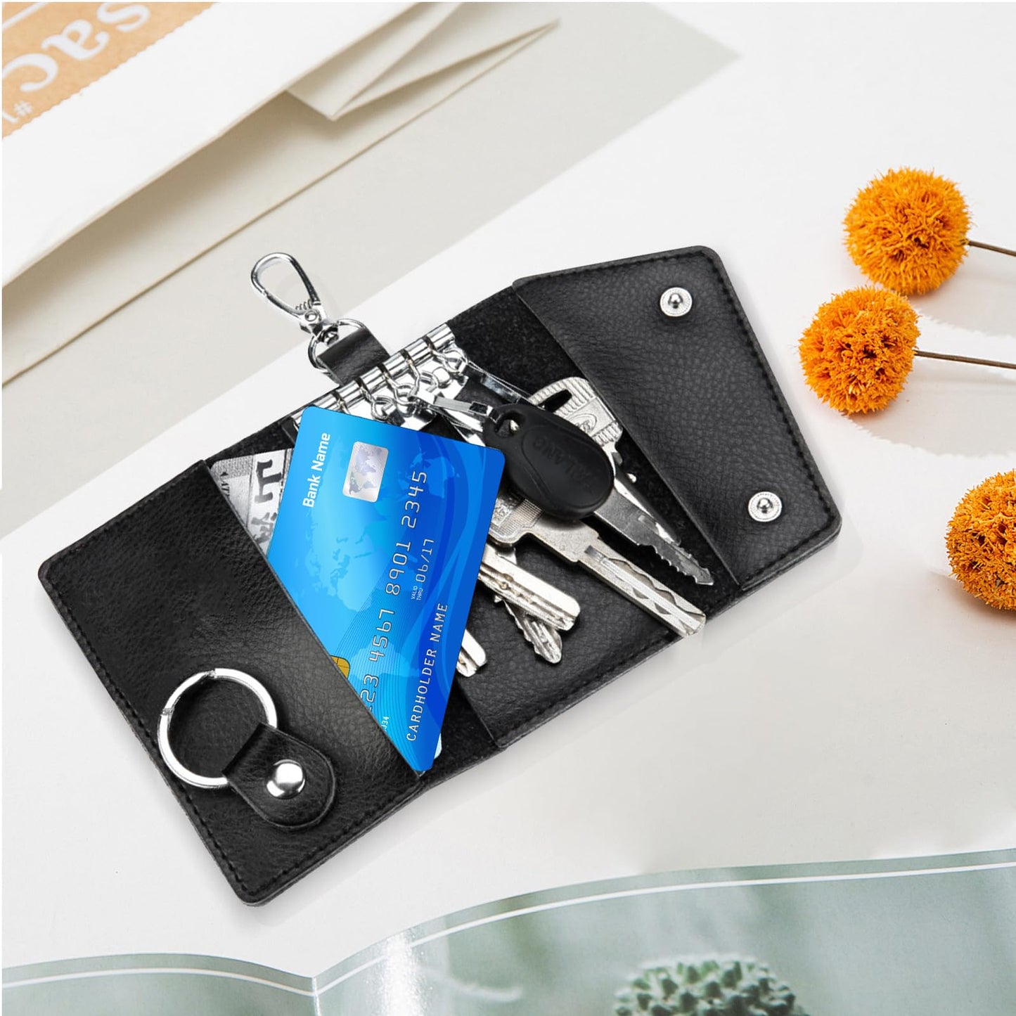 KyeeaDIY Leather Key Case Wallet, Keychain Key Holder with 6 Hanging Buckle Hooks Snap Unisex Coin Pouch Card Holder (Black)