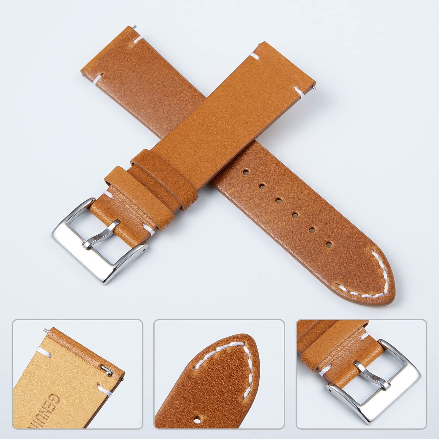BINLUN Leather Watch Band Replacement Quick Release Genuine Leather Watch Straps 12mm 14mm 16mm 18mm 20mm 22mm or 24mm for Men and Women Black/Brown/Light Brown/Orange (Light Brown, 14mm)