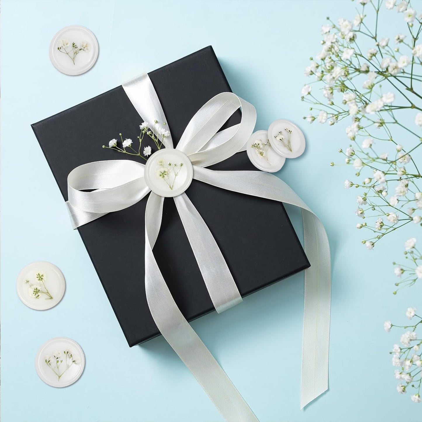 100 Pcs Baby's Breath Adhesive Wax Seal Stickers White Dry Floral Backing Envelope Seals Perfect for Wedding Invitations,Bridal Shower Party
