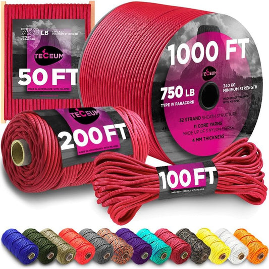 Paracord Rope 750 lb | Durable Nylon Utility Cord for Camping, Survival & Outdoor Gear - 1000ft, 200ft, 120ft, 100ft, 50ft Options - 35+ Colors Available