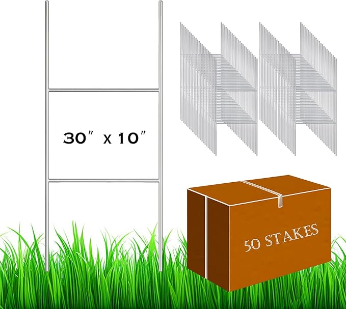 50 Pack H Frame Wire Stakes 30"x10", Metal Yard Sign Stakes for 4mm,5mm and 6mm Corrugated Plastic Yard Signs