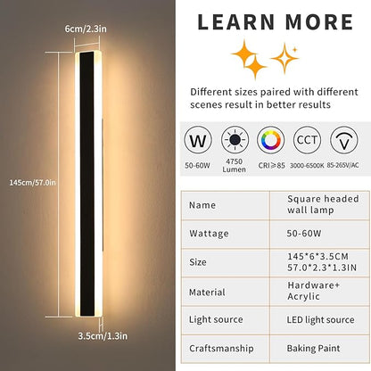 Mikeru 2Pack 57inch Outdoor Wall Light Fixtures, 3000/4500/6000K 3 Color Modern Black Linear Wall Lights Front Porch Light Wall Mounted Led Lighting for Basement, Shop,Garage Non-Dimmable