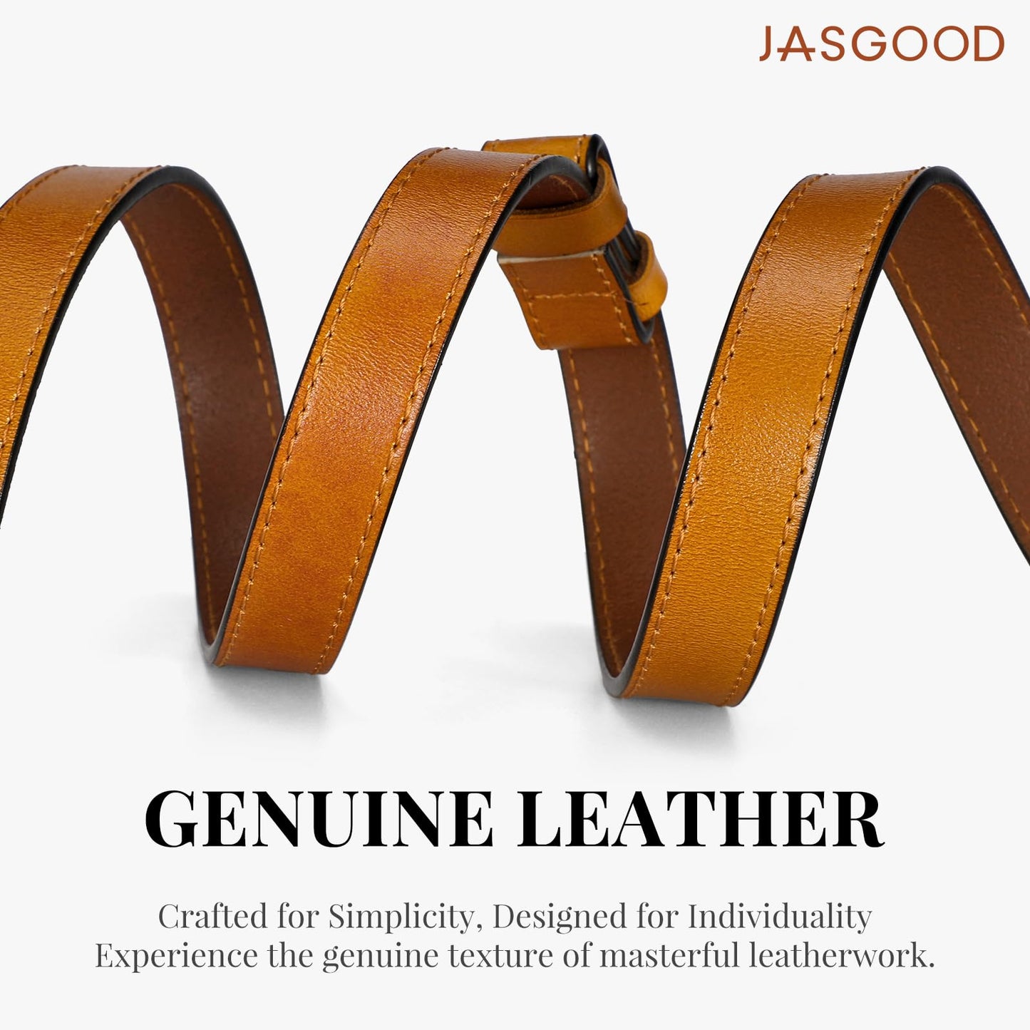 JASGOOD Women Skinny Genuine Leather Belt Thin Waist Belt for Jeans Pants Adjustable Vintage Belt with Gold Buckle 2 Pack