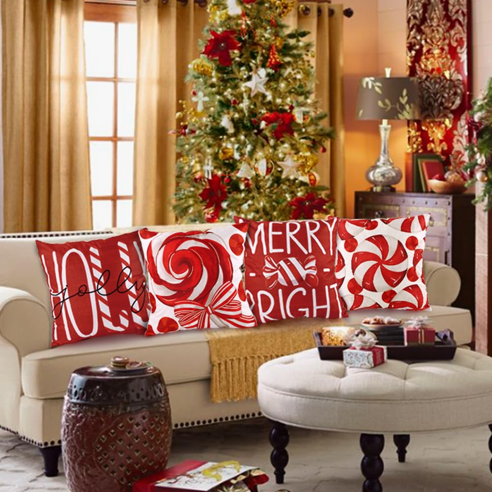 Heirloom Haven 4pcs Christmas Pillow Covers Decoration,18x18in Red Candy Pillow Case Merry Bright Holly Throw Pillow Covers Cushion Cases for Winter Holiday Seasonal Farmhouse Couch Sofa Home Decor