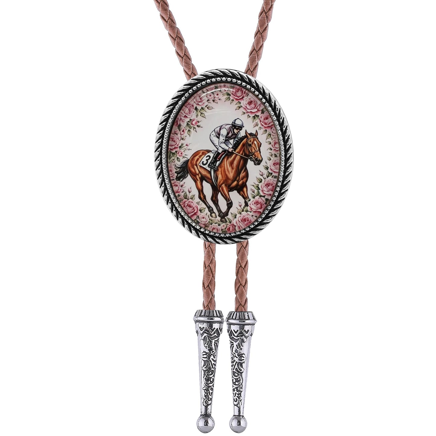 Jeilwiy Bolo Tie for Men Silver Equestrian Horse Racing Western Necktie Brown Leather Cowboy Bolero Tie for Jockeys and Horse Lovers