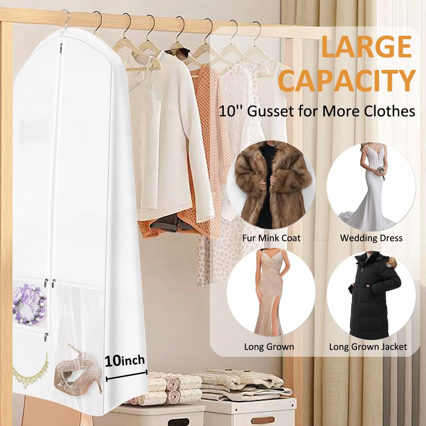 72" Wedding Dress Garment Bag with Bride Tote Bag 10'' Gusseted Dress Bags for Gowns Long 4 Pockets Dress Bag Garment Storage Cover for Women, White