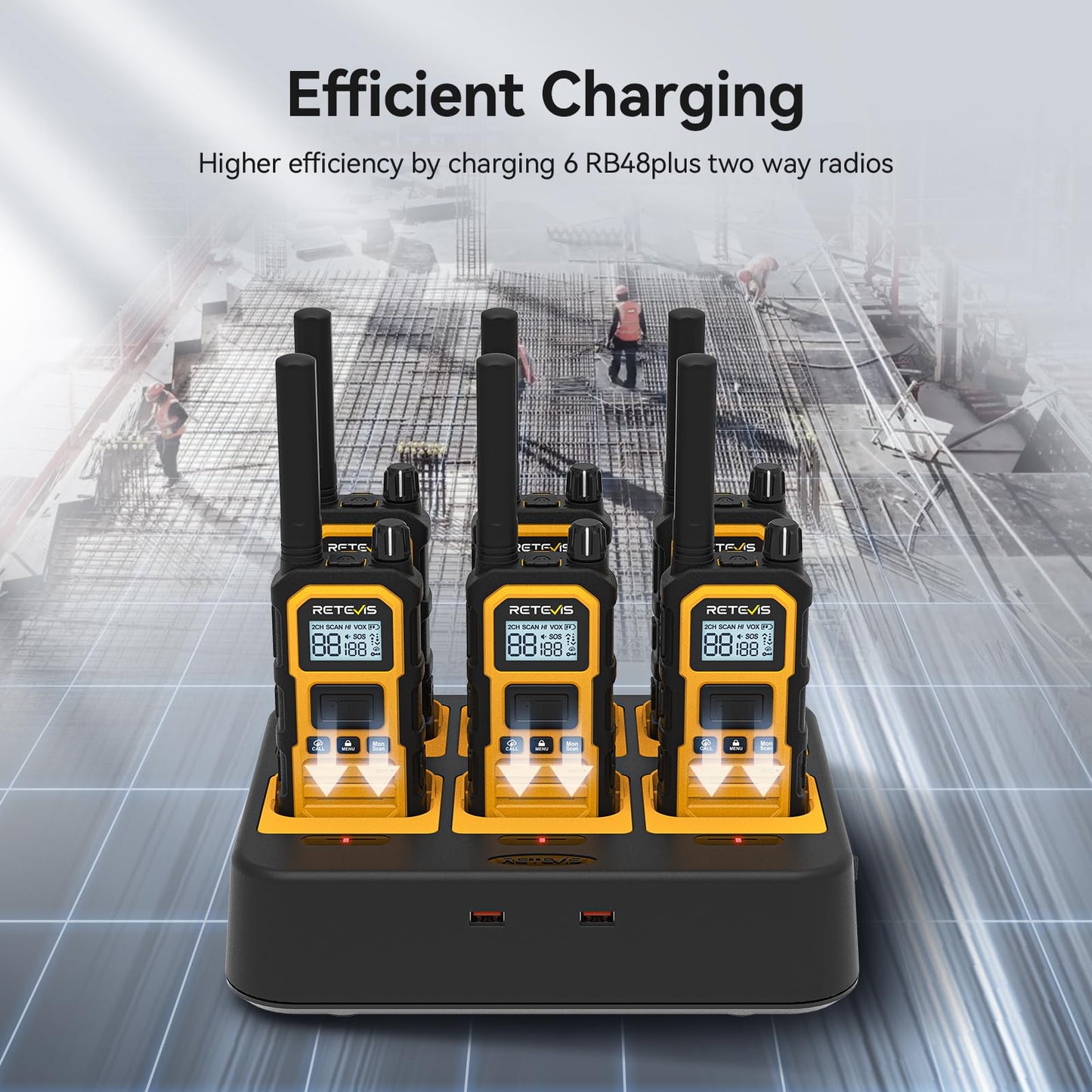 Retevis RB48 Plus Walkie Talkies Long Range, Heavy Duty Rechargeable GMRS Two Way Radios, IP67 Waterproof, Shock Resistant, NOAA, VOX,Emergency Radios(6 Pack with Gang Charger)