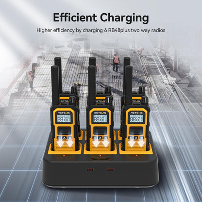 Retevis RB48 Plus Walkie Talkies Long Range, Heavy Duty Rechargeable GMRS Two Way Radios, IP67 Waterproof, Shock Resistant, NOAA, VOX,Emergency Radios(6 Pack with Gang Charger)