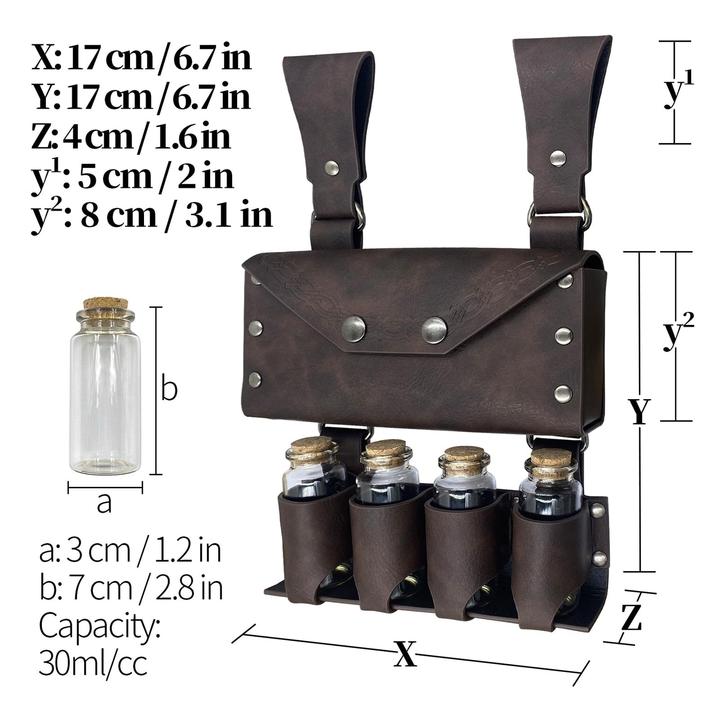 HiiFeuer Medieval Alchemy Faux Leather Belt Bag with 4 Cork Potion Vials, Fantasy Wizard Waist Pouch Side Pack for Ren Faire (Brown A)