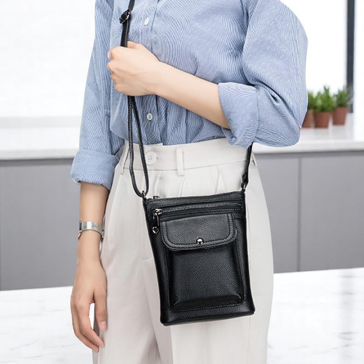 Genuine Leather Adjustable Small Crossbody Phone Purses Key Ring Strap, Travel Zipper Shoulder Handbags, Pockets Credit Card (Blue)