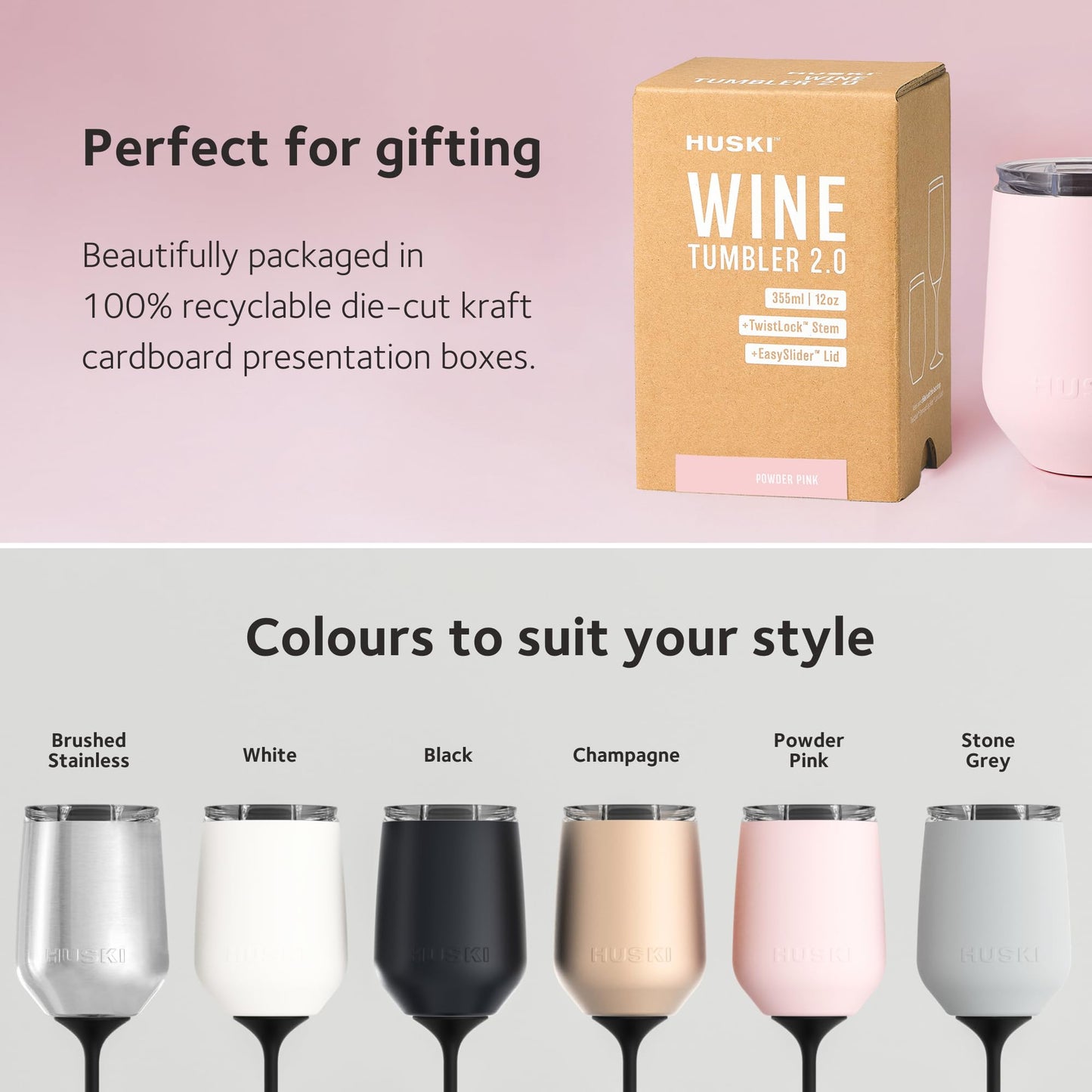 Huski Wine Tumbler 2.0 | NEW | Award-winning Design with Detachable Stem | Premium Stainless Steel Wine Glass with Lid | Triple Insulated Tumbler | 12oz Capacity | Great Gift (Brushed Stainless)