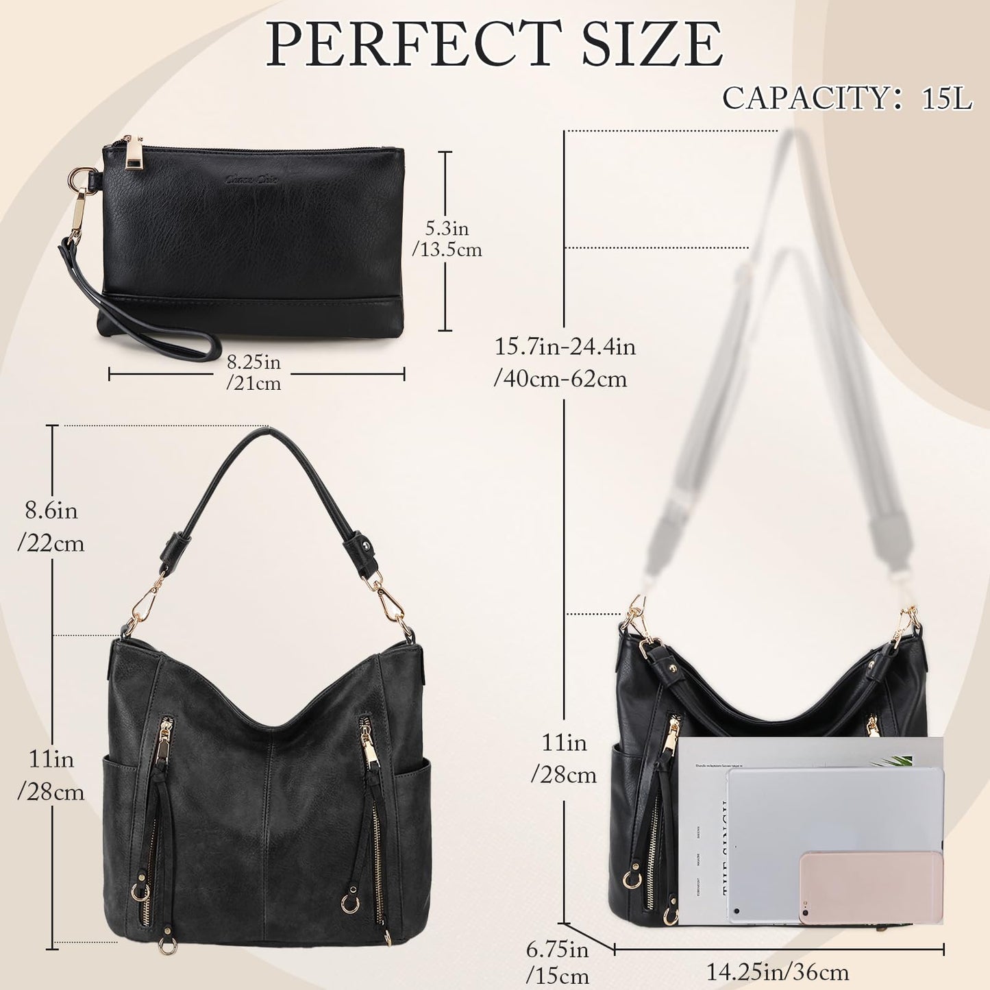 Chase Chic Hobo Bag for Women, PU Leather Ladies Purse and Handbags with Adjustable Strap Trendy Large Crossbody Shoulder Bucket Bag for Work,Travel(Black)