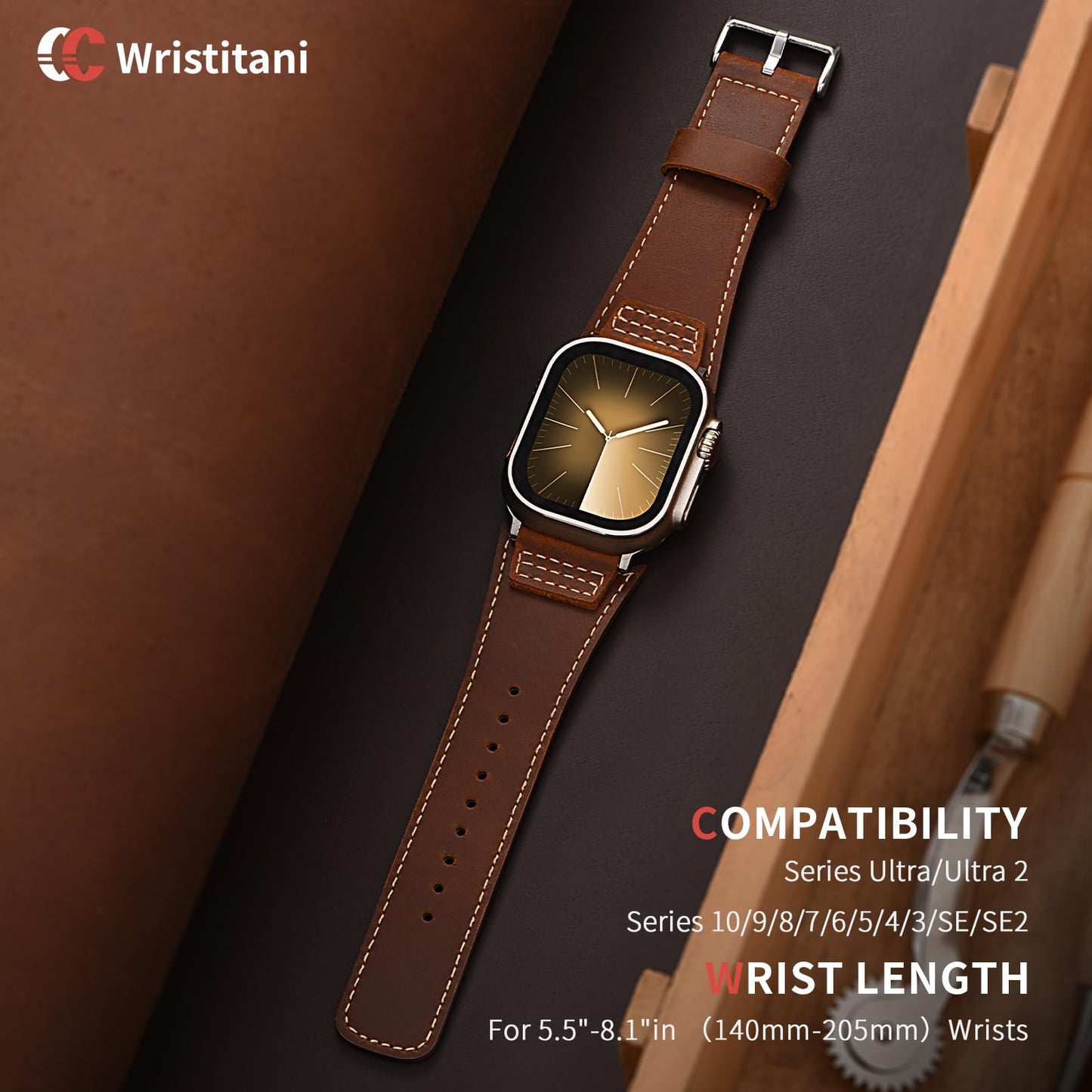 Wristitani Leather Bands Compatible With Apple Watch Band Ultra 3/2/1, 49mm 46mm 45mm 44mm 42mm For Men, Top Genuine Leather Replacement Vintage Strap for iWatch SE3/2/1 Series 11 10 9 8 7 6 5 4 3