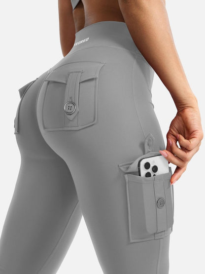 YEOREO CoreFlex Women Workout Flare Leggings with Pockets Hidden Scrunch High Waisted Cargo Gym Yoga Leggings Light Grey S