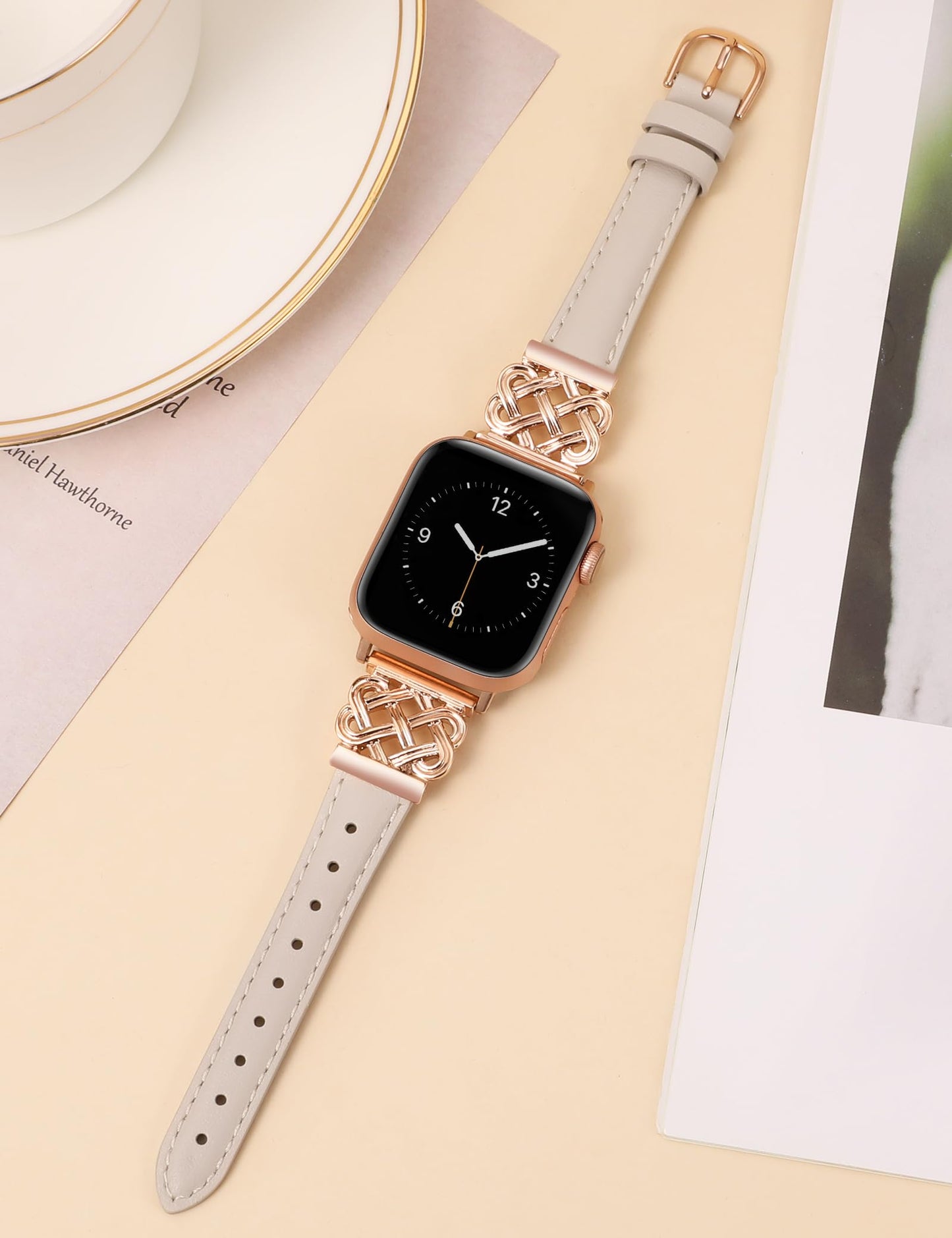 TOYOUTHS Compatible with Apple Watch Bands Women 38/40/41/42mm Dressy Slim Leather Strap with Celtic Knot Interlock Buckle Bracelet for iWatch Series 11 10 9 8 7 6 5 4 SE 3 2 1, Starlight/Rose Gold