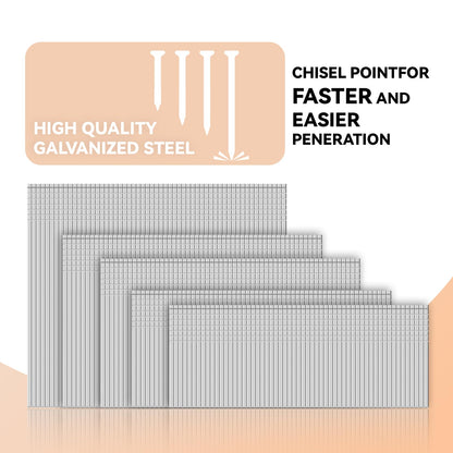 5000 Count 16 Gauge Finish Nails Total (1-1/4, 1-1/2, 1-3/4, 2, 2-1/2" 1000 Per Size) Galvanized Finish Processing Nails Suitable for Most Brand of 16 Gauge Pneumatic and Electric Brad Nailer