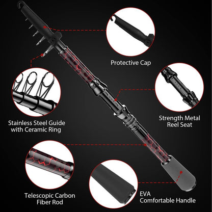 QudraKast Fishing Rod and Reel Combos - High Precision Machined Pattern Telescopic Fishing Pole and 12+1 Full Metal Ultra Smooth Spinning Reel Combos with Carrier Bag 1.8 M