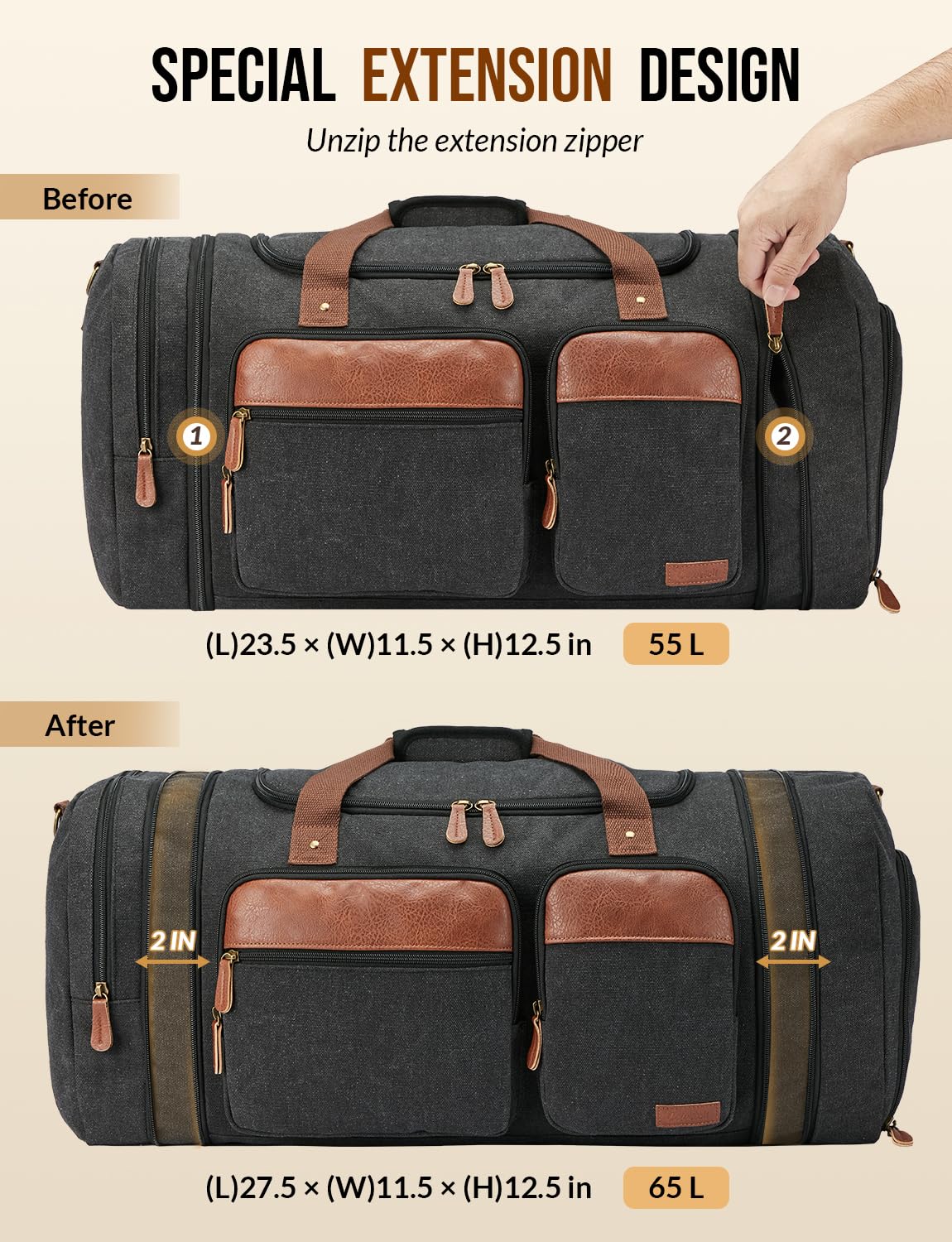 Celvetch Canvas Duffle Bag for Travel 65L Expandable Travel Duffel Bags for Men Women Overnight Weekend Gym Bag with Shoes Compartment - Dark Grey(65L)