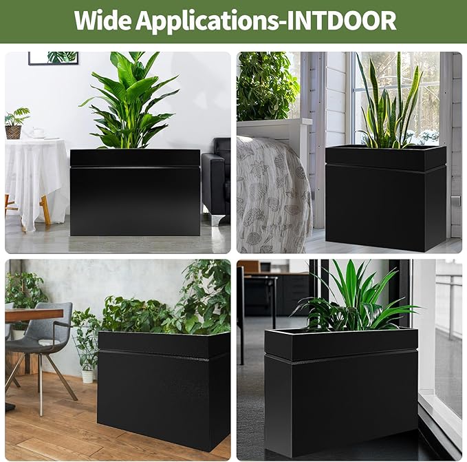 Metal Rectangular Planter Box, Powder Coating Steel Large Planters 35" L x 12" W x 26" H with Drainage Hole, Indoor Outdoor All-Weather Use for Home, Porch, Patio, Garden(Black)