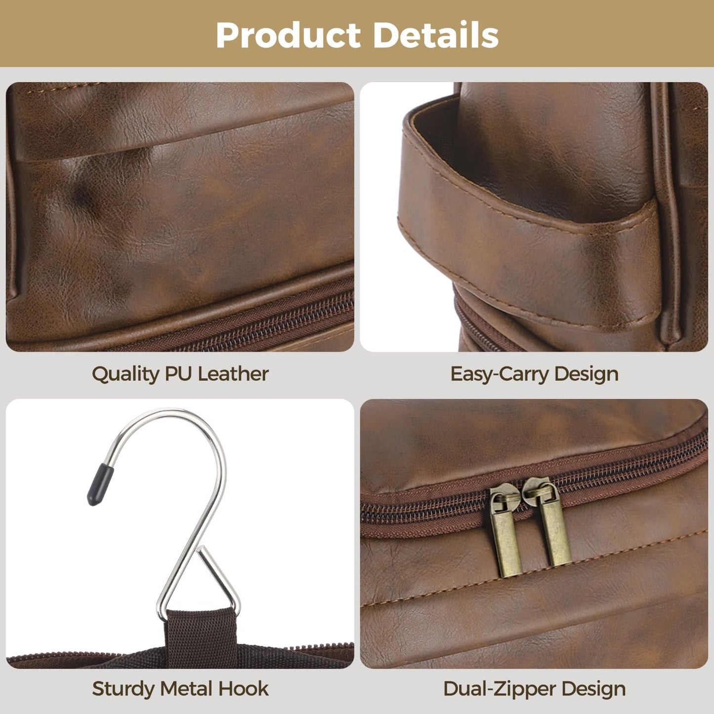 ZALIR Toiletry Bag for Men, PU Leather Waterproof Travel Kit with Hook, Multi-Compartment Shaving Organizer, Double Zipper Portable Cosmetic Bag for Business Trips