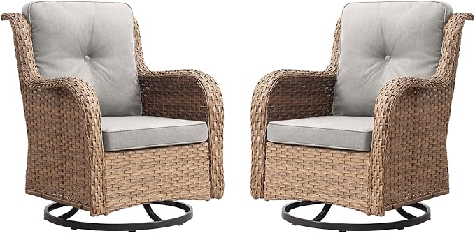 Rilyson Patio Chairs Rocking Swivel Chiar - 2 Piece Outdoor Wicker Furniture Chairs Set Rattan Rocker Chairs with High Back and Deep Seating for Outside Porch Deck Garden(Yellow/Beige)