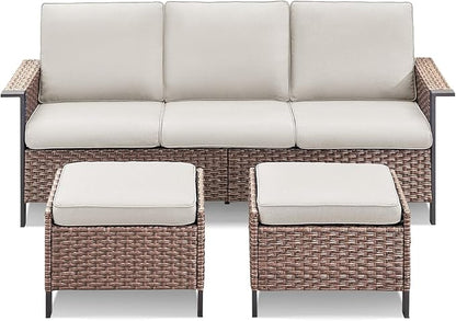 3 Pieces Patio Furniture Sofa Set-Outdoor Wicker Patio Furniture Covered Couch with Multifunctional Ottoman and High Back Outdoor Patio Conversation Set for Backyard Porch Garden Brown/Beige