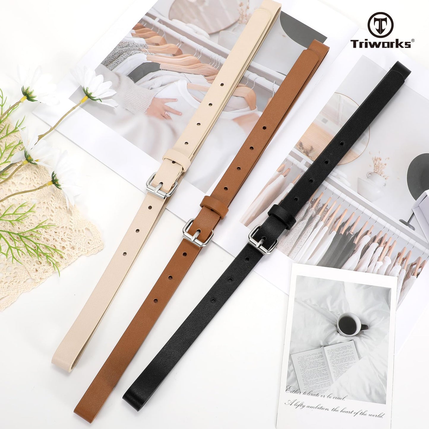 TRIWORKS 3 Pack Women Skinny Leather Belt for Jeans Pants Dress Ladies Thin Waist Belt with Silver Buckle