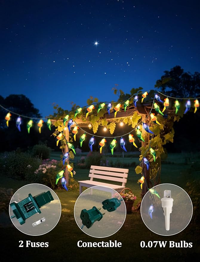 8.5FT Outdoor Parrot String Lights, 10 LED Warm White Waterproof Fairy Lights with 2 Spare Bulbs, Shatterproof & UL Certified Lighting for Summer Halloween Camping Patio Pool Yard Decor