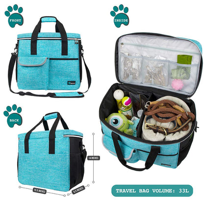PetAmi Travel Bag Organizer - Dog & Cat Diaper Bag with Food Container and Bowls, Perfect for Weekend Camping (Sea Blue, Large)