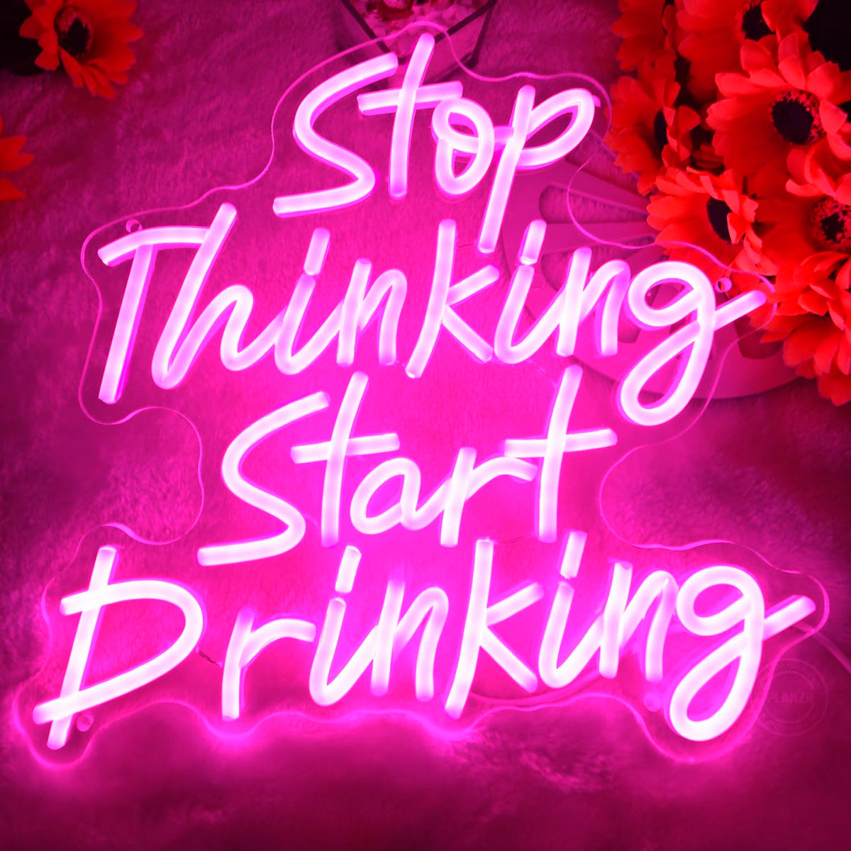 Planzo Stop Thinking Start Drinking Neon Sign Wall Decor Beer Sign for Home Bar Pub Bistro Man Cave Garage Night Club Coffee Shop LED Light Sign Kitchen Bedroom Birthday Party Gift 5V USB Pink