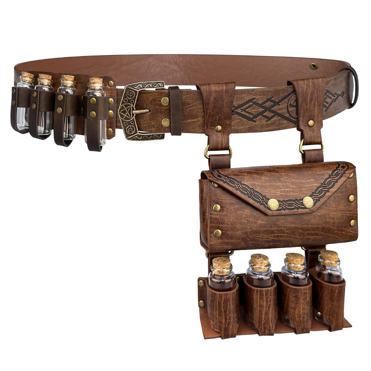 EpicCos 3 PCs Medieval Alchemy Belt Waist Pack Combo with Multiple Potion Bottles, Viking Rivet Belt Side Pouch for Cosplay (Brown C)
