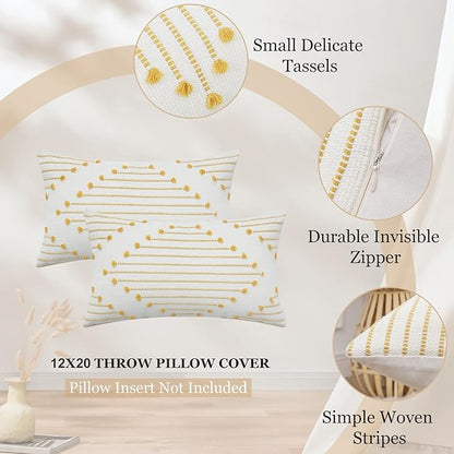 Mecatny Boho Outdoor Throw Pillow Covers 12X20 Set of 2, Farmhouse Lumbar Pillow Covers for Couch Sofa Living Room, Yellow & White