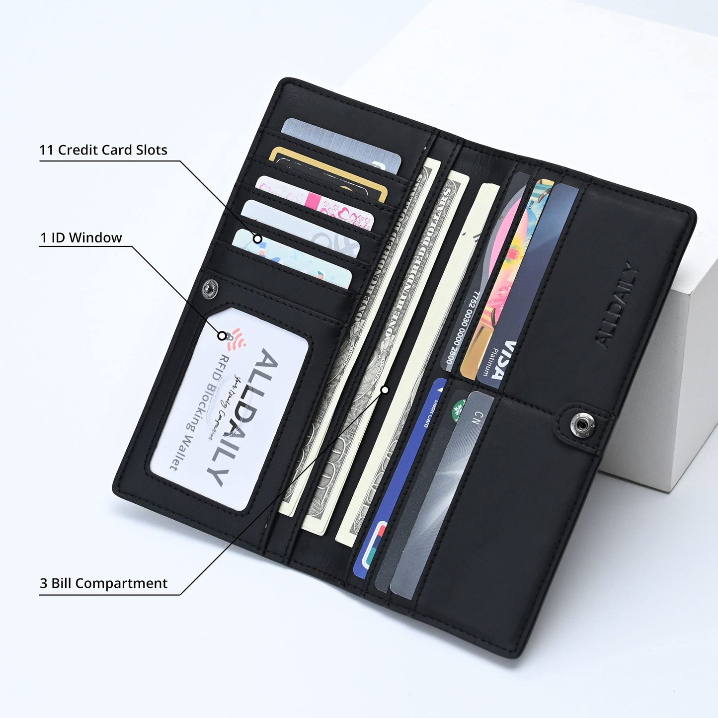 Alldaily Ultra Slim Thin Women Wallet RFID Blocking Credit Card Holder Bifold Long Ladies Billfold (Black)