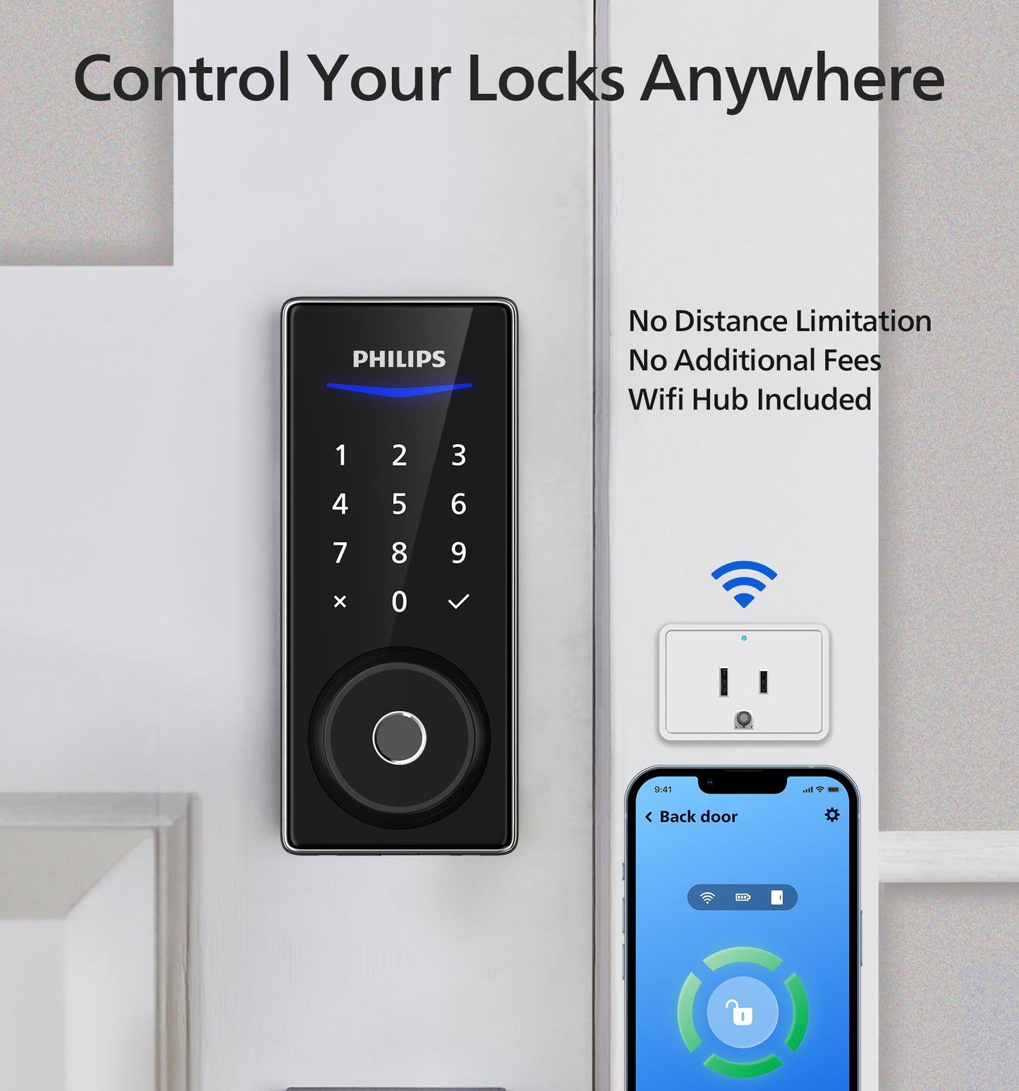 Philips Wi-Fi Smart Door Lock, Keyless Entry Door Lock with App Control,Fingerprint ID,Auto Lock,Keypad Deadbolt with Wi-Fi Bridge Adaptor,Smart Locks for Front Door-Matte Black
