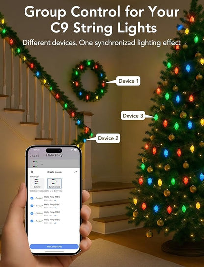 Popotan C-9 LED Christmas Lights Outdoor, 33FT 50 LEDs Smart RGB String Lights with App Remote Control, 108 Modes, Waterproof for Porch, Fence, Holiday Decoration,Halloween Lights