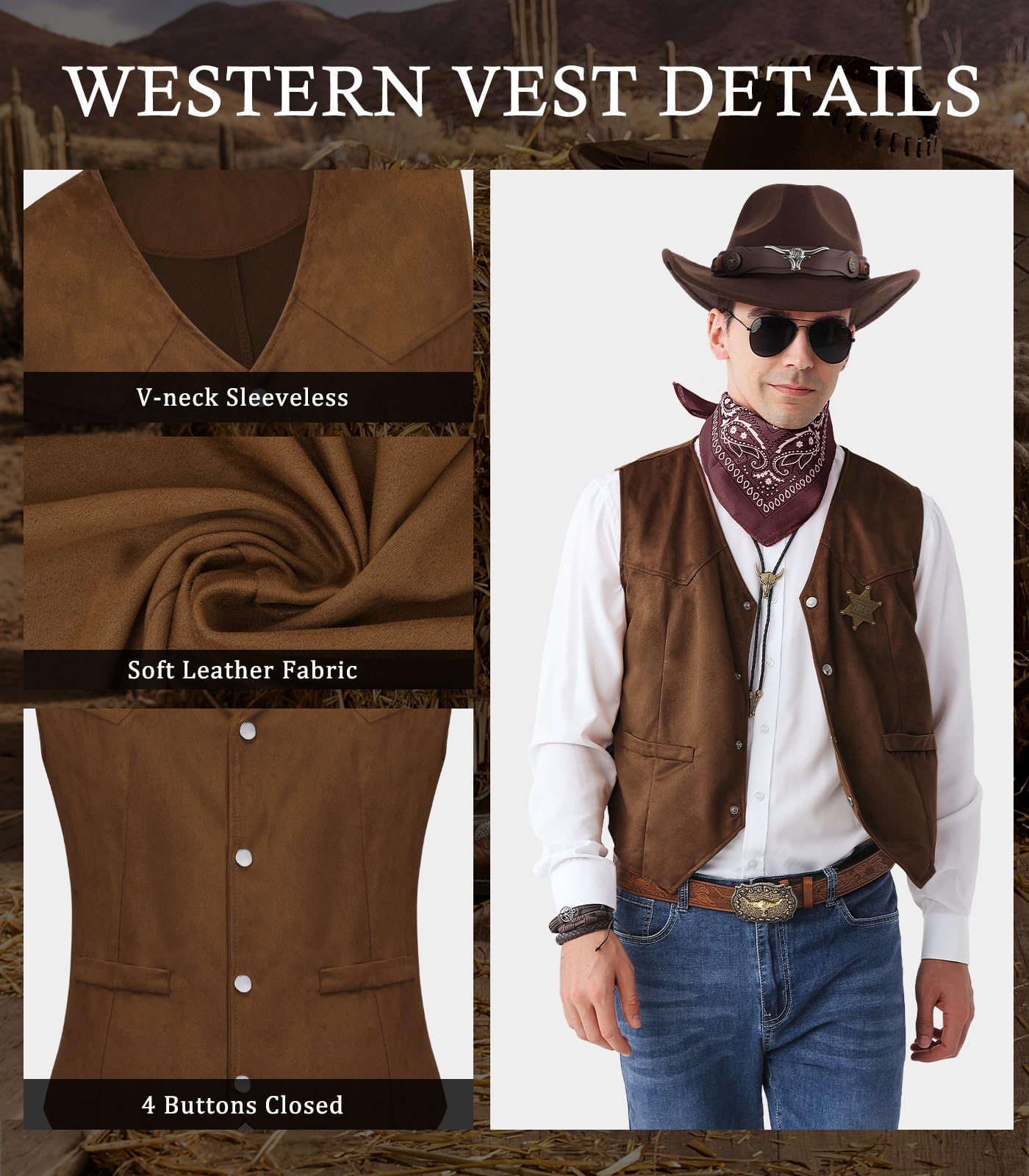 8 PCS Men’s Western Cowboy Costume Set with Cow Vest & Hat Retro Accessories Halloween Party Cosplay Darkbrown-L