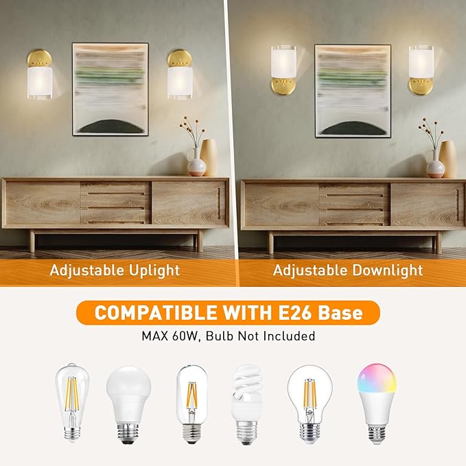 Gold Bathroom Wall Sconces Set of Two, Modern Vanity Light Fixtures with Frosted Glass Shade, Bathroom sconces wall decor set of 2 for Bedroom Living Room Mirror Hallway Kitchen(Bulbs Not Included)