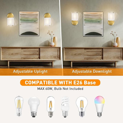 Gold Bathroom Wall Sconces Set of Two, Modern Vanity Light Fixtures with Frosted Glass Shade, Bathroom sconces wall decor set of 2 for Bedroom Living Room Mirror Hallway Kitchen(Bulbs Not Included)