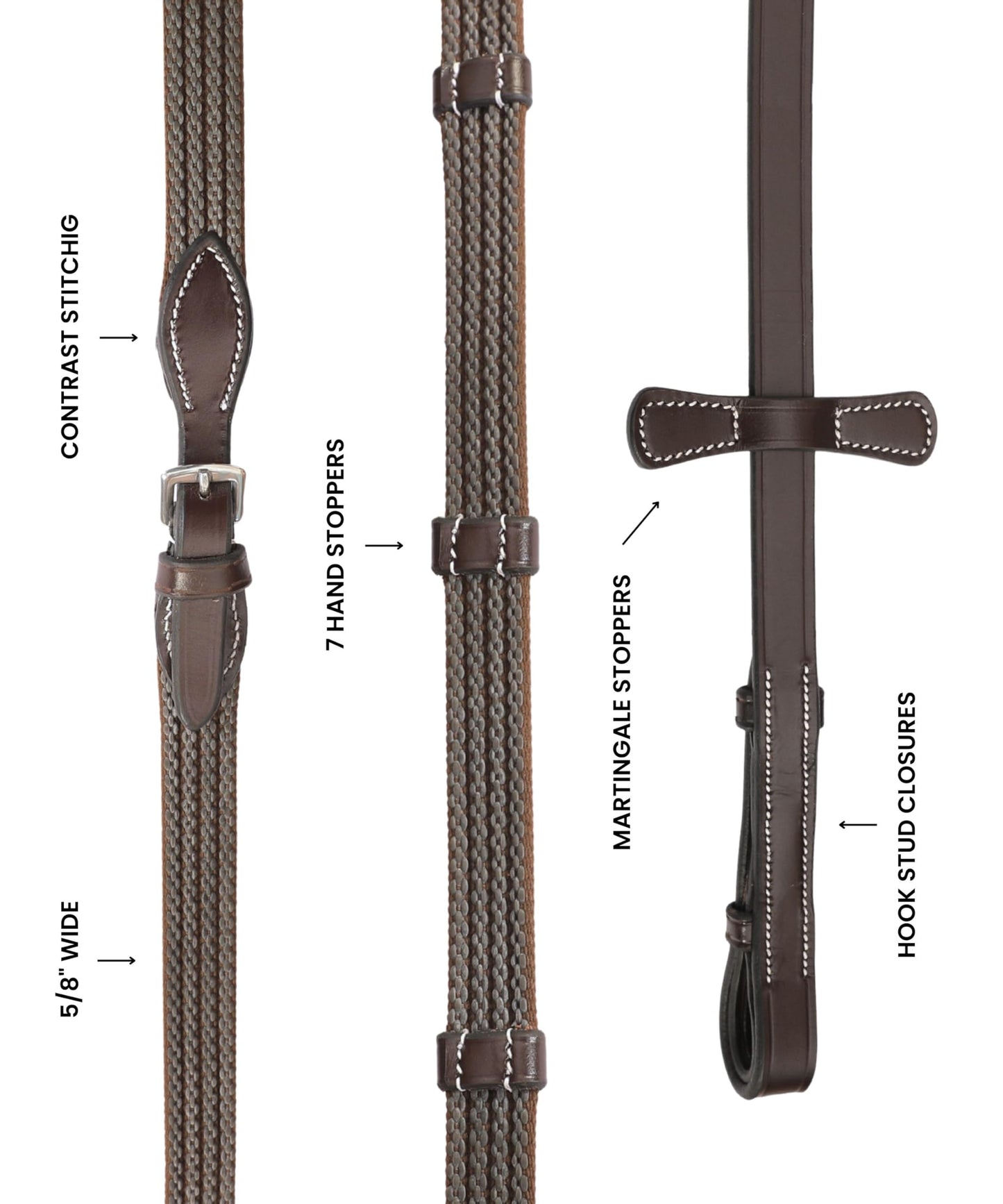 Exion Non Slip Rubber Web Reins for Horse Bridle - 5/8" Premium Leather English Reins with 7 Safety Hand Stops & Stainless Steel Buckles - Grippy Training & Jumping Reins for Full Cob Sizes