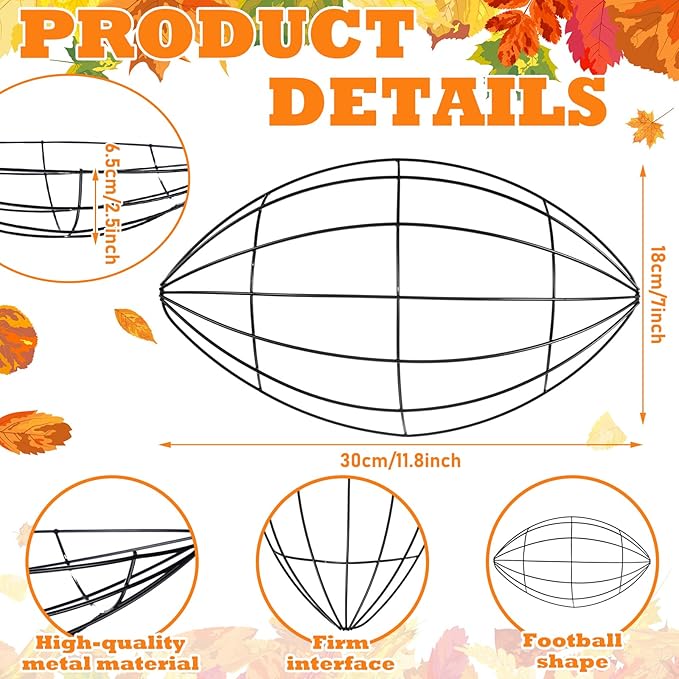 6 Pcs Fall Football Decorations 12 Inch Football Wreath Fall Metal Wreath Form Wire Garland for Sports Party Autumn Harvest Party Decor DIY Craft Project Holiday Front Door Hanging Home