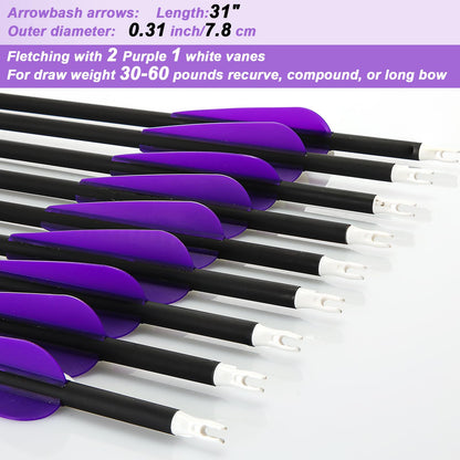 Arrowbash 24 Pcs 31.5 Inch Arrows for Compound Bow Hunting Arrows Carbon Arrows with 3 Inch Plastic Arrow Feathers and Removable Tips 500-600 Spine Archery Target Arrows for Recurve Bow(Purple)