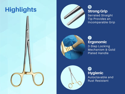ARTMAN INSTRUMENTS Artery Forceps 6" Straight Hemostat Mosquitoes, Gold Plated Handle, Locking Tweezer Clamps, for Nurses, Fishing Forceps, Fly Tying, Crafts Kelly Forceps Clamps