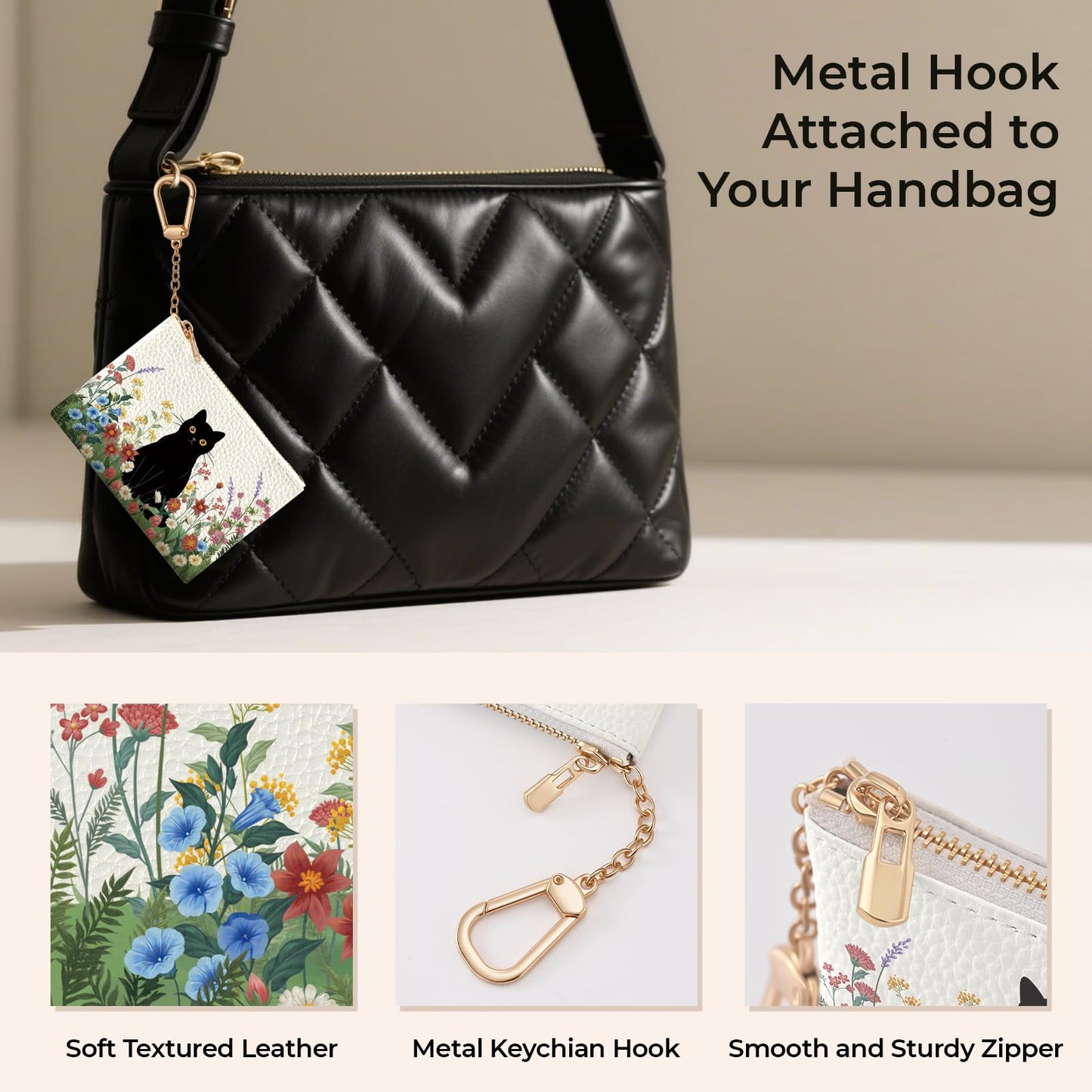 Sukyerios Black Cat Flower Floral Keychain Coin Purse for Women, Small PU Leather Change Pouch, Zipper Little Tiny Travel Wallet for Girls, Cute Kawaii Zip Pocket Coin Holder with Key Ring