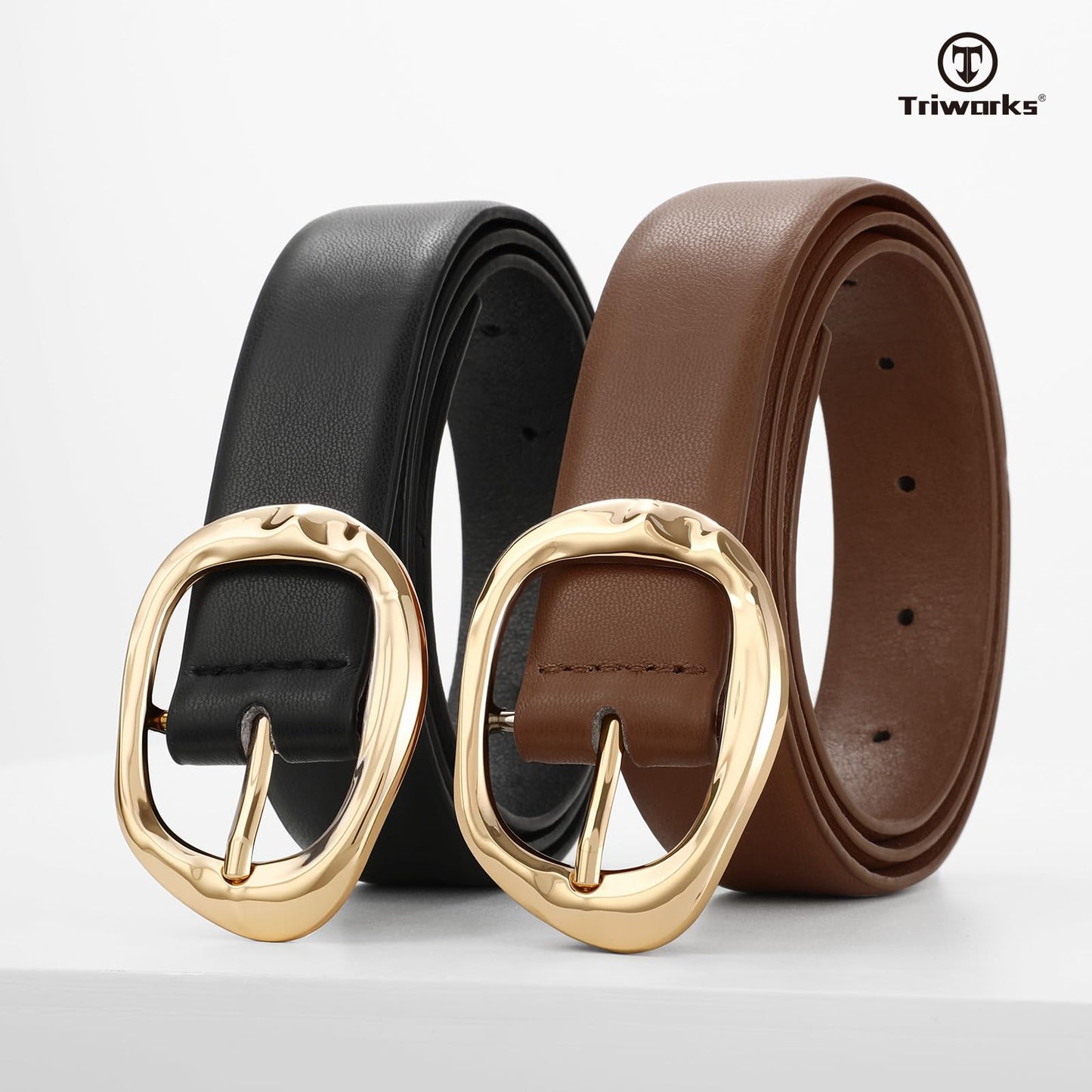 TRIWORKS 2 Pack Leather Belts for Women Fashion Waist Belt with Liquid Shapes Women Belt for Jeans Pants Dresses