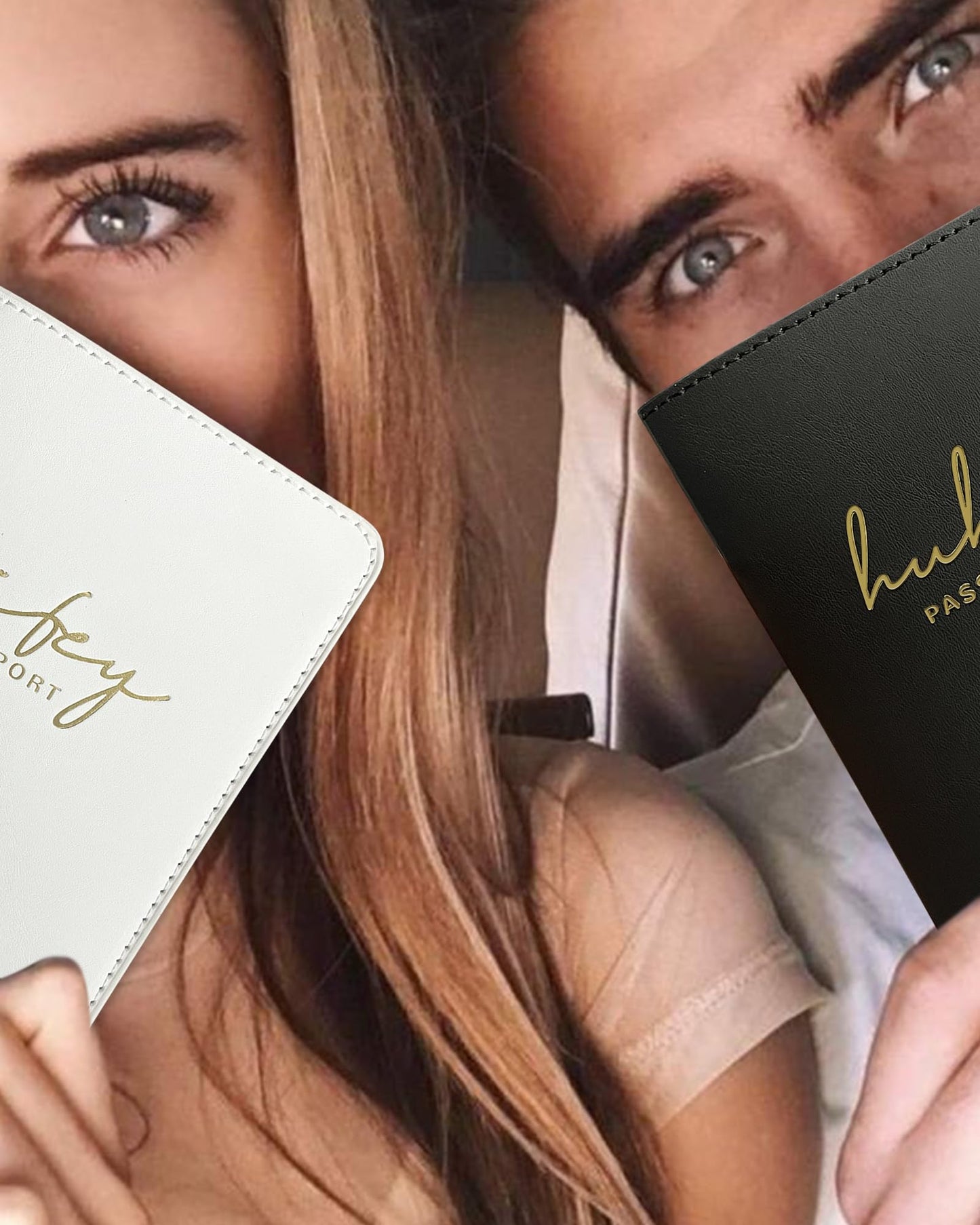 HubbyWifeyGifts Matching Passport Holder for Hubby and Wifey, PU Leather Passport Cover with RFID Blocking, Honeymoon Essentials for Travel, Engagement Gifts for Couples