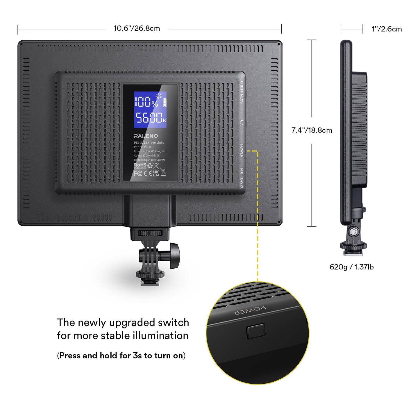 RALENO 19.5W LED Video Soft Light Panel, 650Lux/m Camera Panel Light Built-in 2* 4000mAh Batteries, CRI>95 3200-5600K Photography Studio Lights for TikTok YouTube Video Recording Photography Streaming