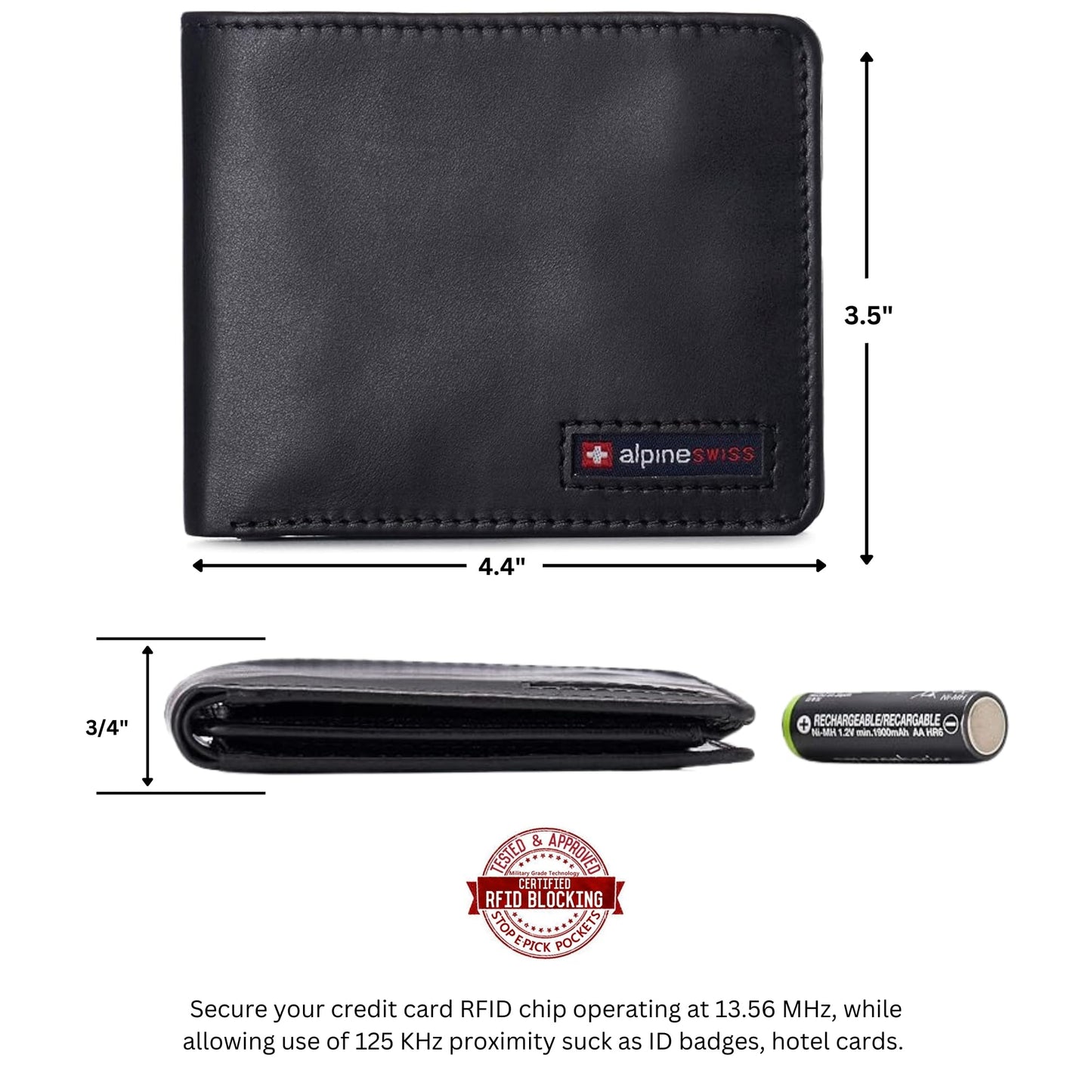 Alpine Swiss Mens Wallet for Men | RFID Protected Leather Mens Wallet | Spencer Bifold with Divided Bill Section | Gift Box | 2 ID Windows | 14 Card Storage Pockets for Organization Glossy Nappa Black