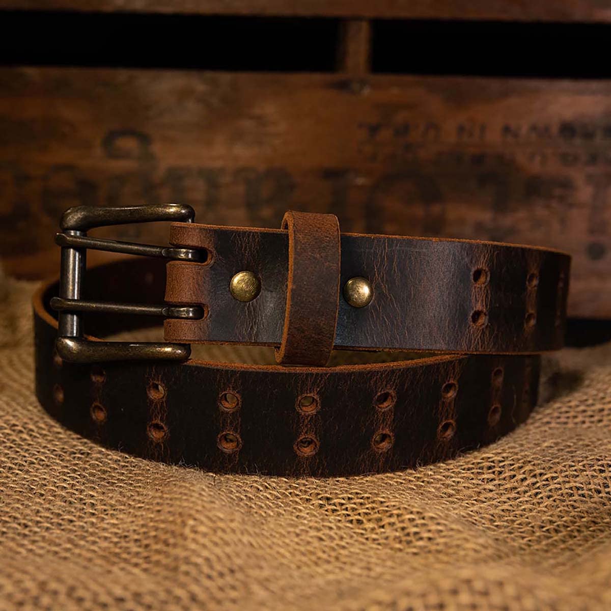 Men’s Classic Leather Belt, Double Prong Retro Style, Antique Brass Buckle, 1 ½” Width, Amish handmade in the USA (Vintage Brown, 44")
