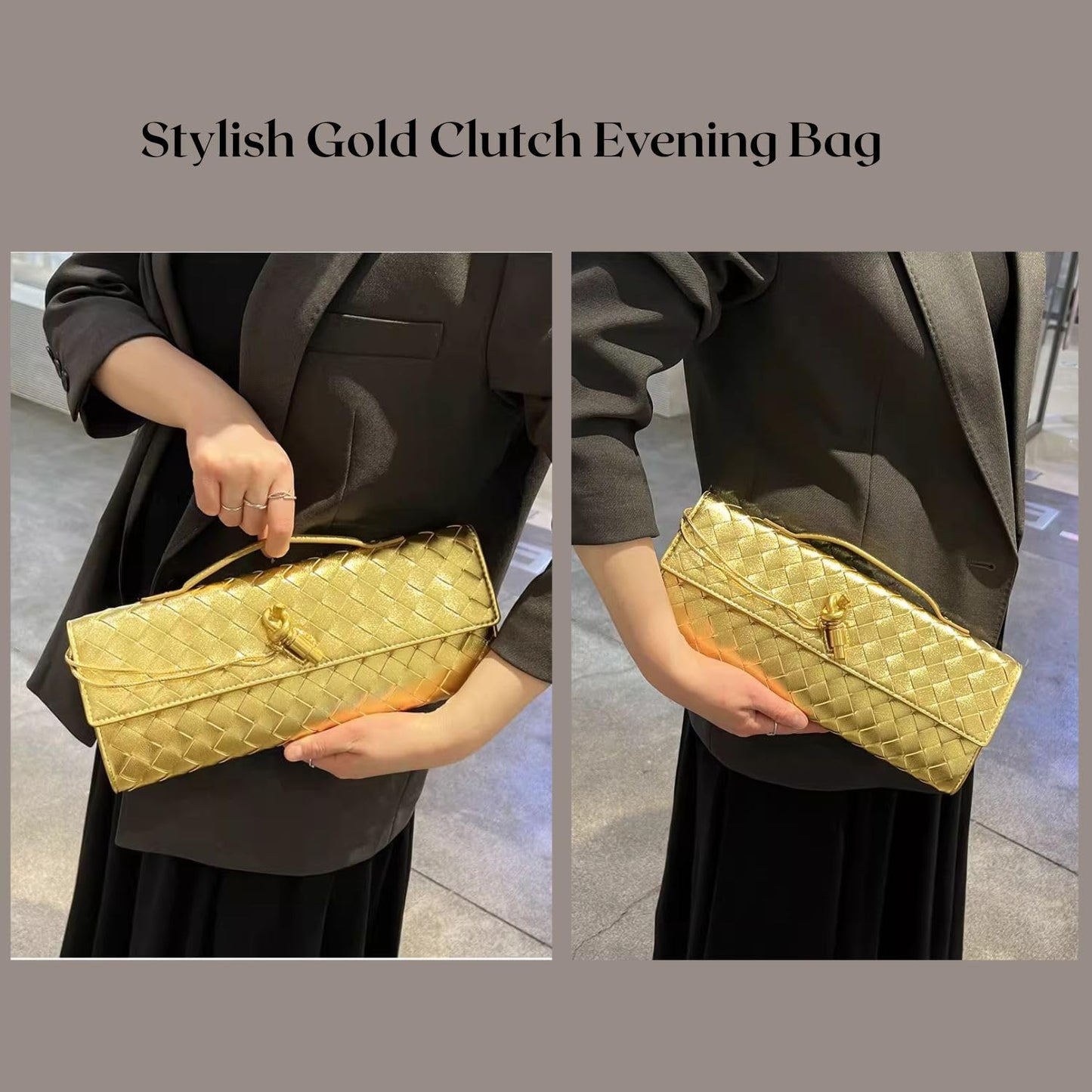 DST Gainbow Woven Clutch Purses for Women, PU Leather Evening Bag,Crossbody Shoulder Handbag with Detachable Strap（Gold）